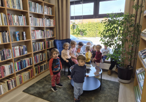 "Krasnale" na tle książek