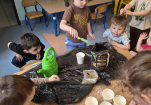 chłopiec nabiera ziemię na łopatkę