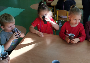 Dzieci piją sok z jabłek.