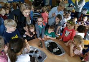 Dzieci oglądają przyniesiony przez górników węgiel brunatny oraz minerały, które pozyskujemy w trakcje wydobywania węgla