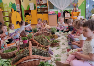 Dzieci siedzą w kole na dywanie podczas warsztatów zielarskich